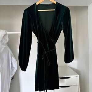 Zara - Emerald Green Mini Velvet Wrap Dress - Size S